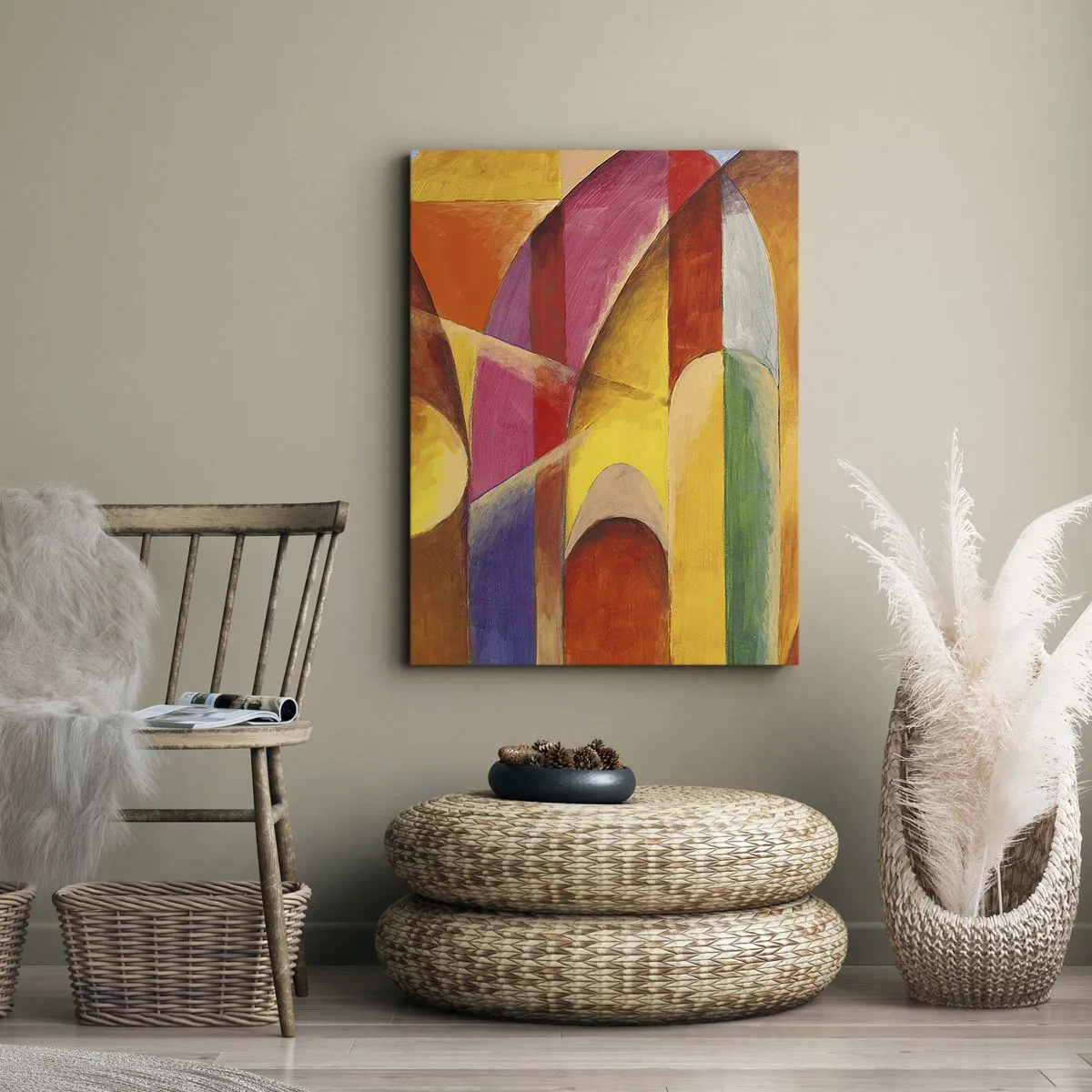 Bild auf Leinwand - Leinwandbild - Eine abstrakte Komposition voller farbenfroher geometrischer Formen. - 80x120cm - Kathedrale der Sonne - Moderne Wanddekoration für Wohnzimmer und Schlafzimmer ARTTOR