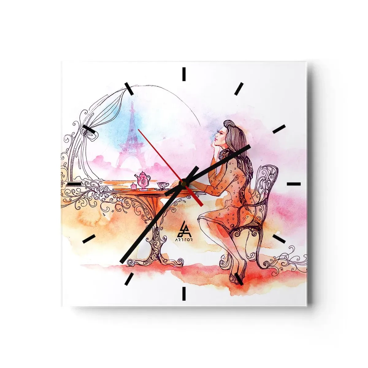 Wanduhr - Glasuhr - Romantisches Aquarell einer Frau in einem Café mit Blick auf einen Turm - 30x30cm - Pariser Chic - Moderne Wanddekoration für Wohnzimmer und Schlafzimmer ARTTOR