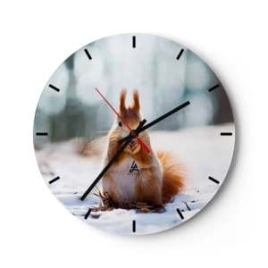 Wanduhr - Glasuhr - Ein Eichhörnchen im Schnee in einer Winterlandschaft - 30x30cm - Wo schaust du hin? - Moderne Wanddekoration für Wohnzimmer, Küche und Schlafzimmer ARTTOR