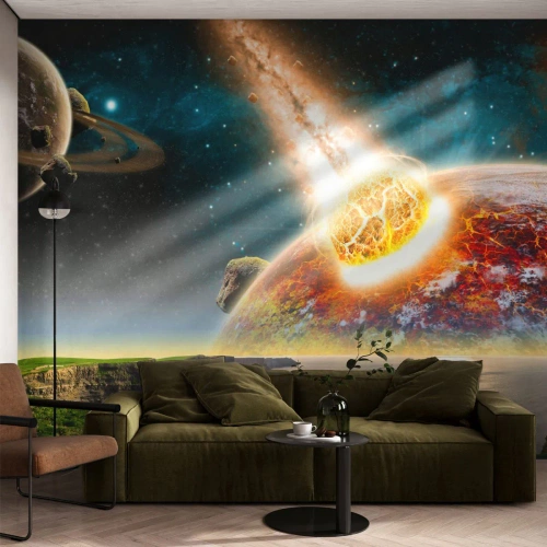 Fototapete Premium Sand - Kollision eines Meteoriten mit einem Planeten im Hintergrund des Weltraums - 100x70cm - Kosmisches Drama - Moderne Wanddekoration für Wohnzimmer und Schlafzimmer ARTTOR
