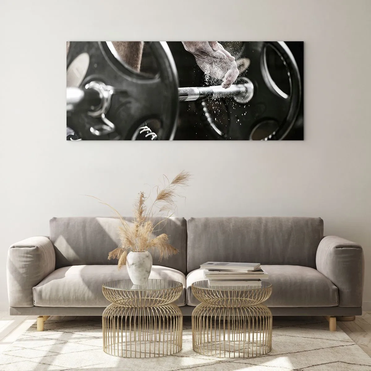 Glasbild - Bild auf glas - Hanteln und die Hände eines Sportlers bereiten sich auf das Training vor - 140x50cm - Herausforderung angenommen! - Moderne Wanddekoration für Wohnzimmer und Schlafzimmer ARTTOR