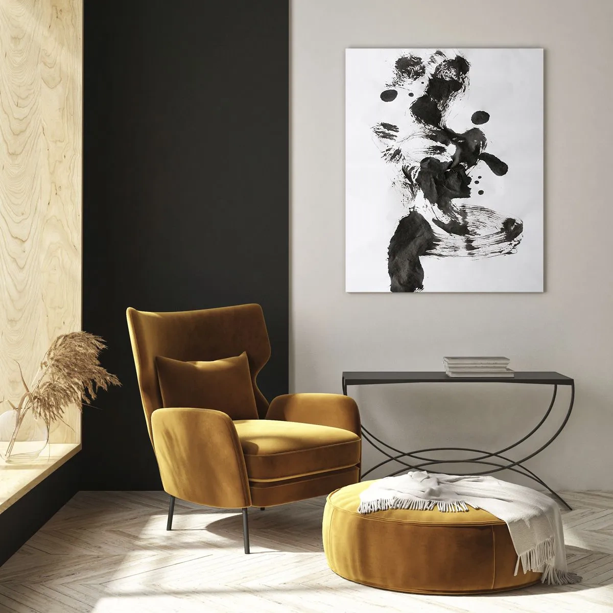 Glasbild - Bild auf glas - Abstrakter schwarzer Fleck und Pinselstriche auf weißem Hintergrund - 50x70cm - Obwohl das Wahnsinn ist, steckt darin eine Methode? - Moderne Wanddekoration für Wohnzimmer und Schlafzimmer ARTTOR