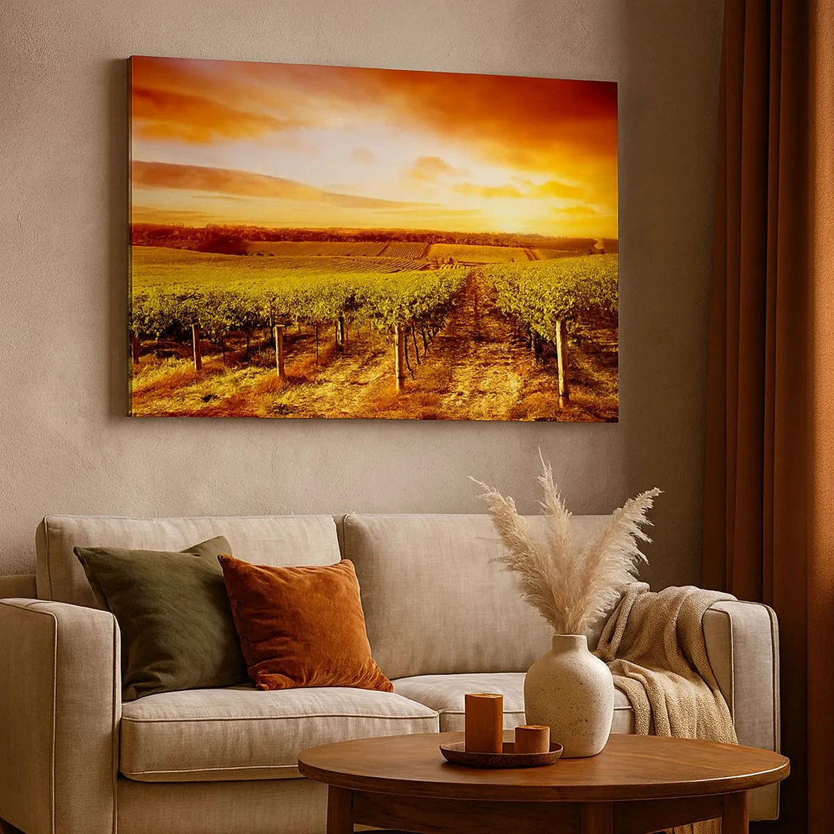 Bild auf Leinwand - Leinwandbild - Weinberg bei Sonnenuntergang mit warmen Himmelstönen - 70x50cm - Leicht fruchtig mit einem Hauch Sonnenschein - Moderne Wanddekoration für Wohnzimmer und Schlafzimmer ARTTOR