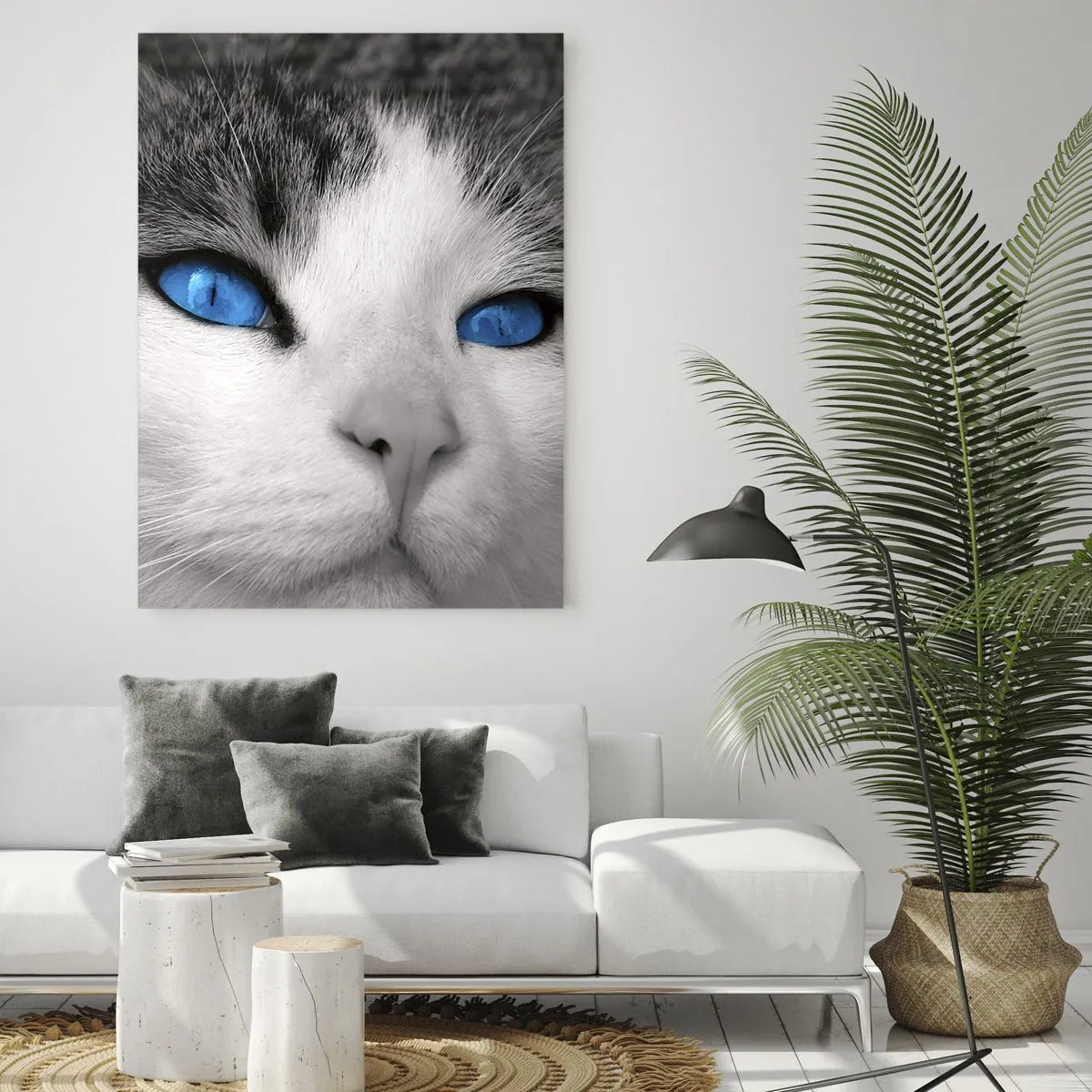 Glasbild - Bild auf glas - Ein Schwarzweißfoto einer Katze mit intensiv blauen Augen. - 50x70cm - Ungewöhnlich blauäugig - Moderne Wanddekoration für Wohnzimmer und Schlafzimmer ARTTOR