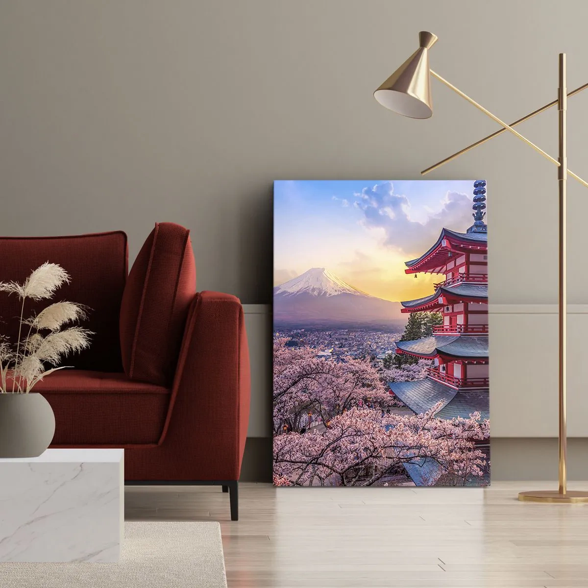 Bild auf Leinwand - Leinwandbild - Eine Pagode in Japan mit Kirschblüten und dem Berg Fuji - 50x70cm - Die Essenz des japanischen Geistes - Moderne Wanddekoration für Wohnzimmer und Schlafzimmer ARTTOR