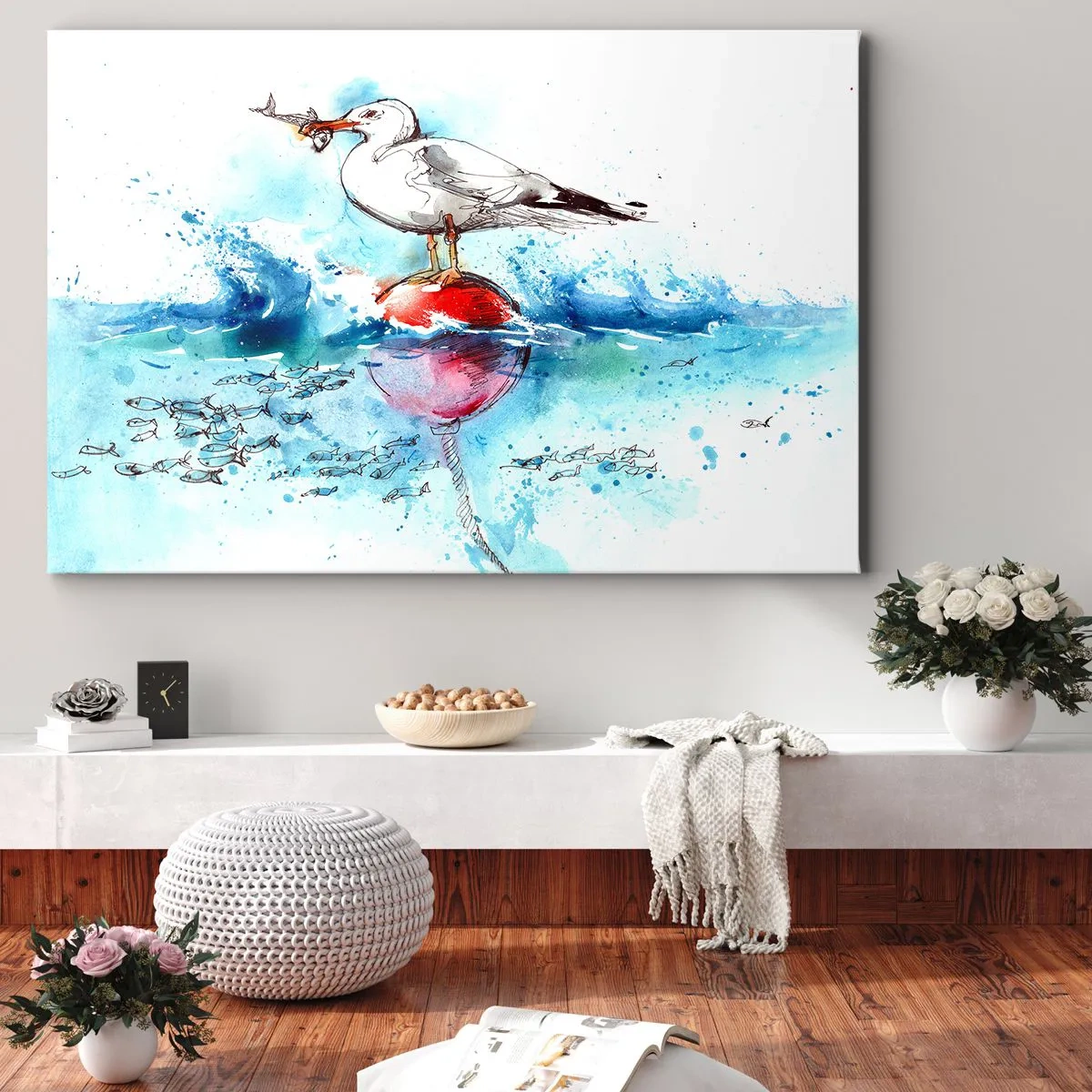 Bild auf Leinwand - Leinwandbild - Möwe auf einer Boje mit Fischen im Hintergrund im Aquarellstil - 70x50cm - Erfolgreicher Fang - Moderne Wanddekoration für Wohnzimmer und Schlafzimmer ARTTOR
