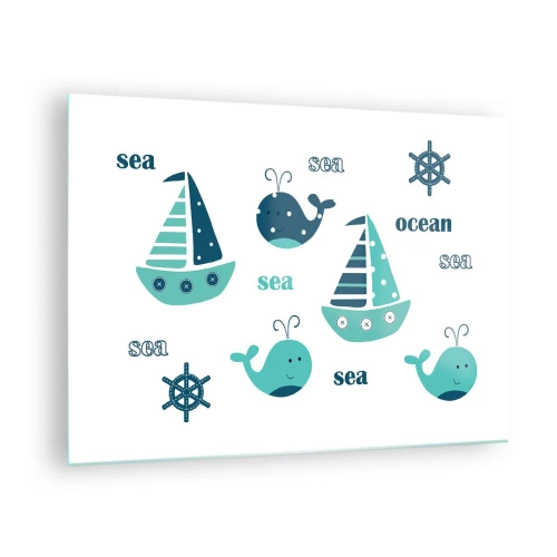 Glasbild - Bild auf glas - Nautisches Thema mit Segelbooten und Walen - 70x50cm - Über die Meere und Ozeane - Moderne Wanddekoration für Wohnzimmer und Schlafzimmer ARTTOR