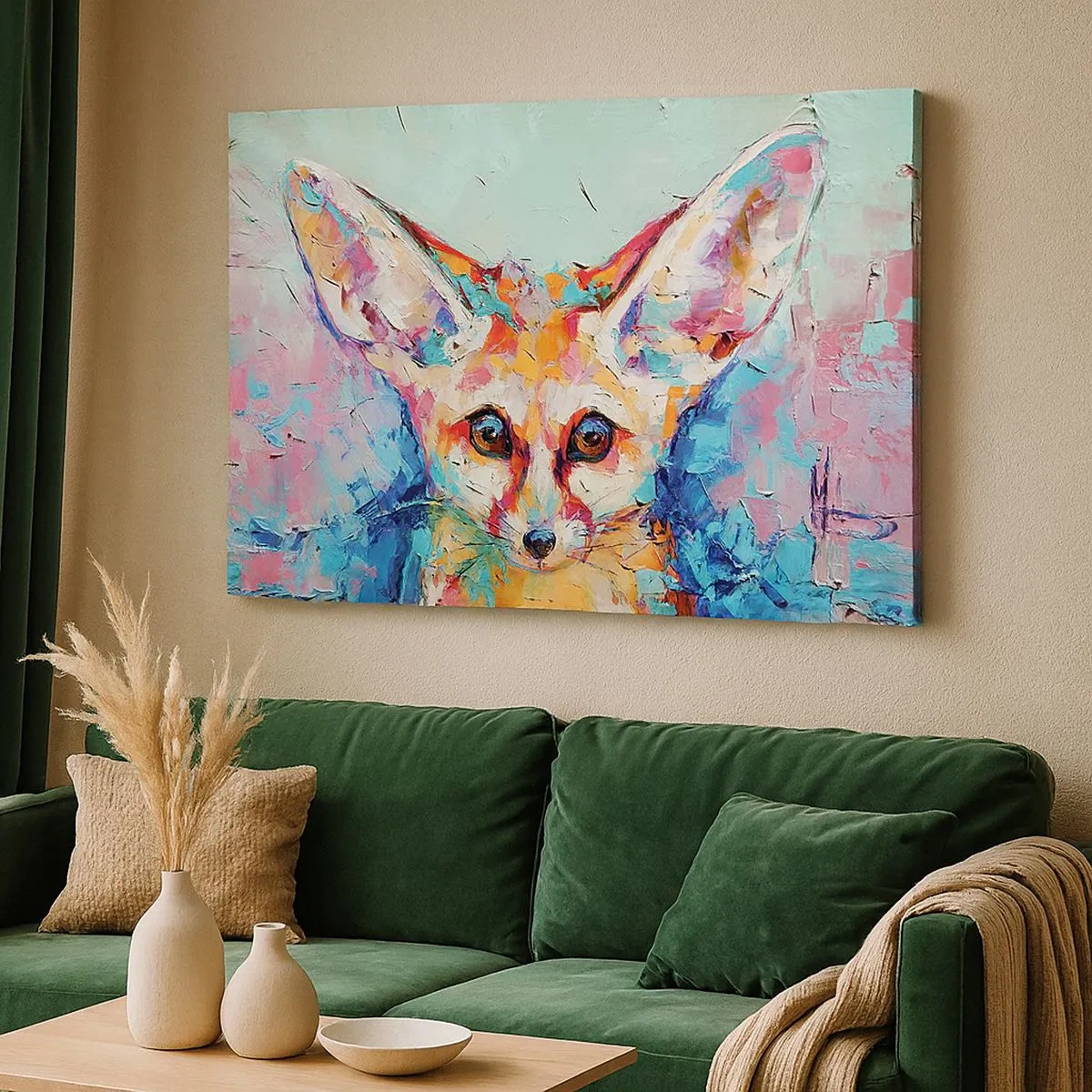 Bild auf Leinwand - Leinwandbild - Ein farbenfrohes Porträt eines Fenneks im Stil der expressiven Malerei. - 70x50cm - Bist du bereit für mich? - Moderne Wanddekoration für Wohnzimmer und Schlafzimmer ARTTOR
