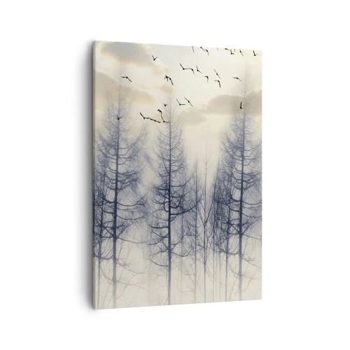 Bild auf Leinwand - Leinwandbild - Nebliger Wald mit Vögeln vor dem Sonnenuntergangshimmel - 50x70cm - Waldgeister - Moderne Wanddekoration für Wohnzimmer und Schlafzimmer ARTTOR