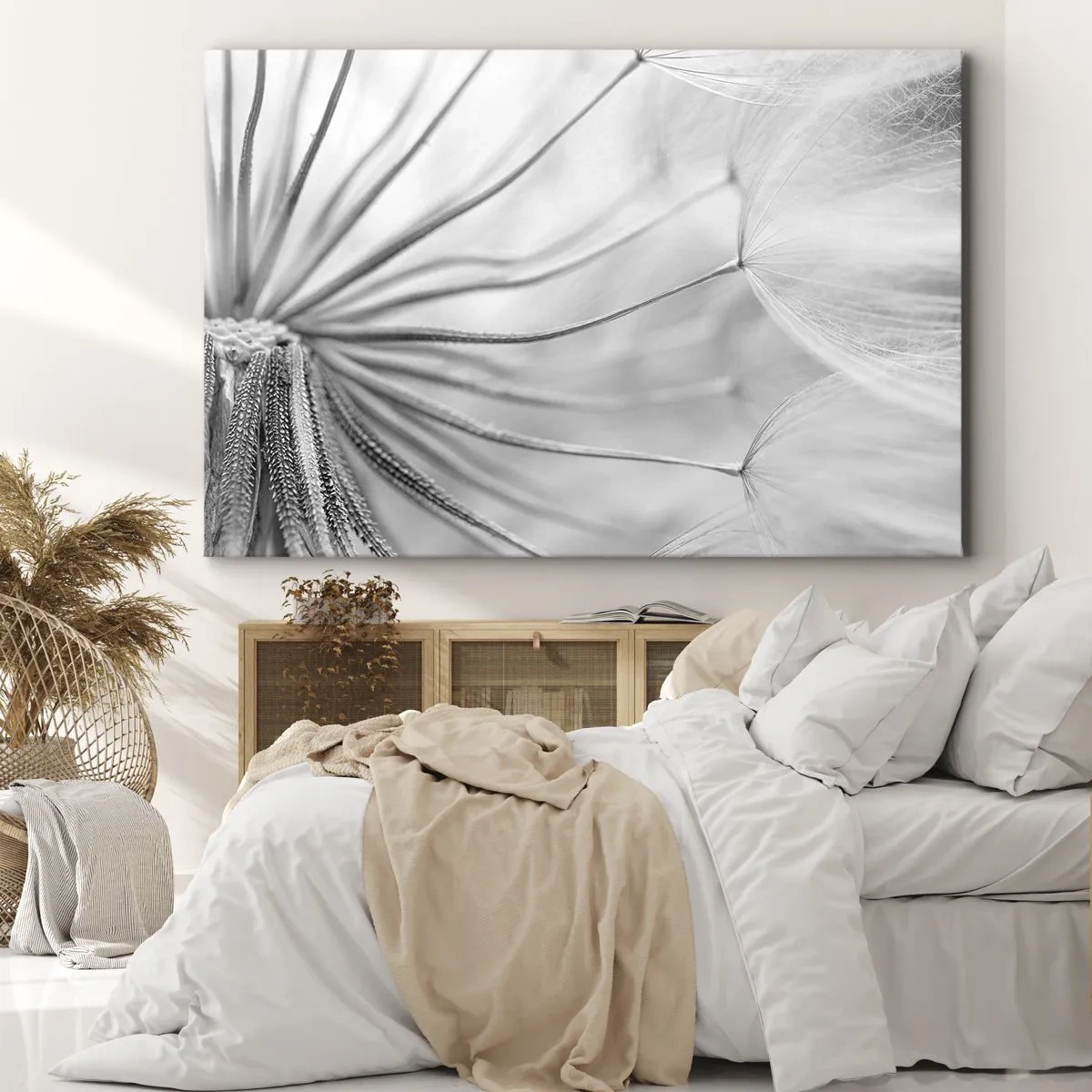 Bild auf Leinwand - Leinwandbild - Zarte Pusteblumen in Schwarz-Weiß-Tönen - 120x80cm - Löwenzahn, Drachen - Moderne Wanddekoration für Wohnzimmer und Schlafzimmer ARTTOR