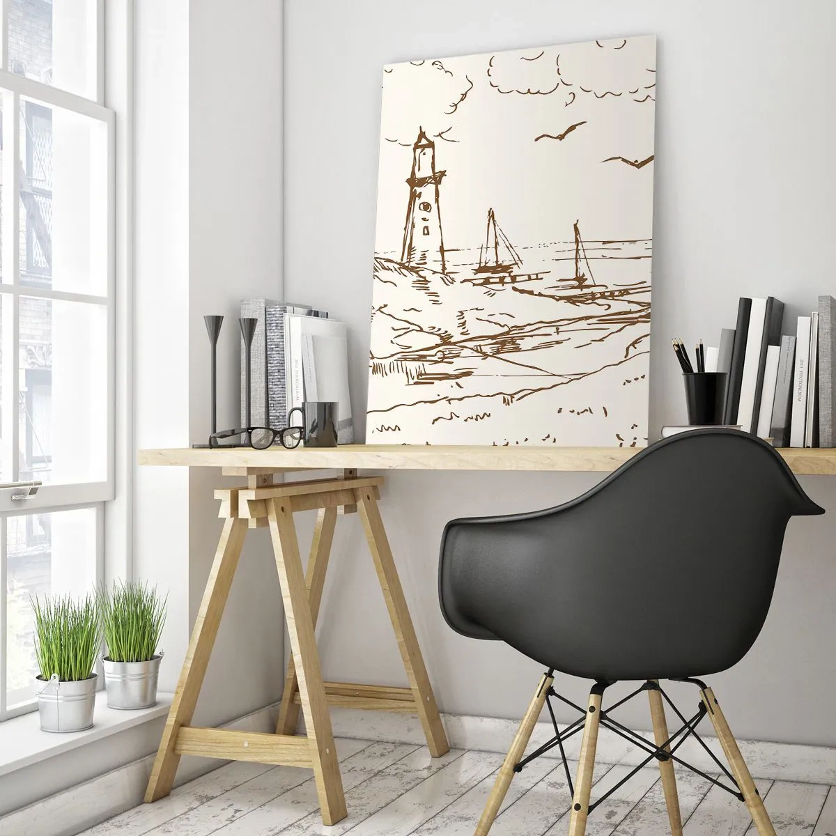 Glasbild - Bild auf glas - Skizze eines Leuchtturms mit Blick auf das Meer - 80x120cm - Ein Überblick über die Erinnerungen an den Sommer - Moderne Wanddekoration für Wohnzimmer und Schlafzimmer ARTTOR