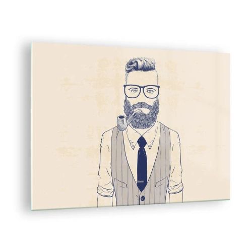Glasbild - Bild auf glas - Ein stilisierter Mann mit Bart, Brille und Pfeife auf hellem Hintergrund. - 70x50cm - Fröhlich, maskulin und modisch - Moderne Wanddekoration für Wohnzimmer und Schlafzimmer ARTTOR