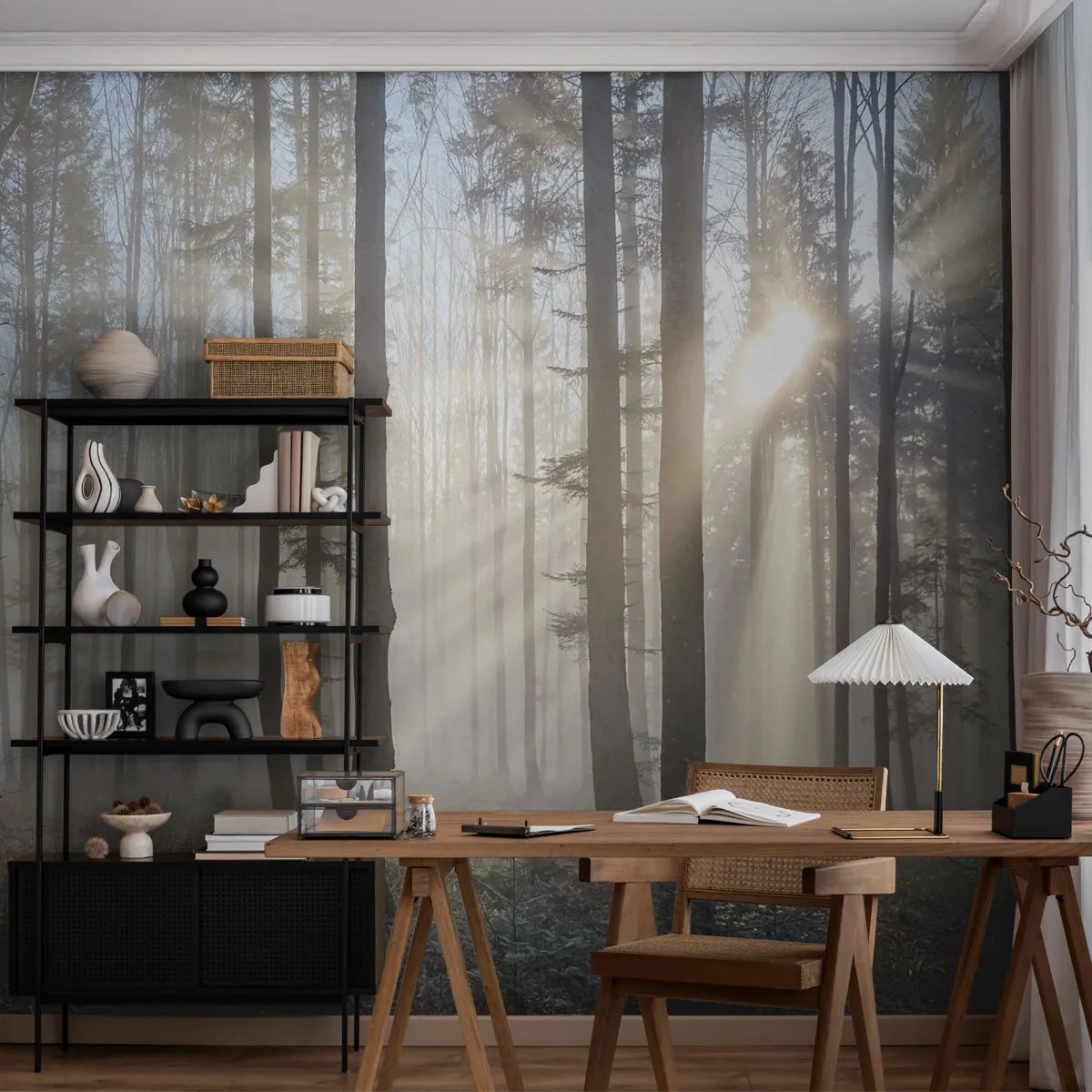Fototapete Premium Sand - Ein nebliger Wald mit Sonnenstrahlen, die durch die Bäume scheinen - 100x70cm - Der Nebel ist auch aufgewacht - Moderne Wanddekoration für Wohnzimmer und Schlafzimmer ARTTOR