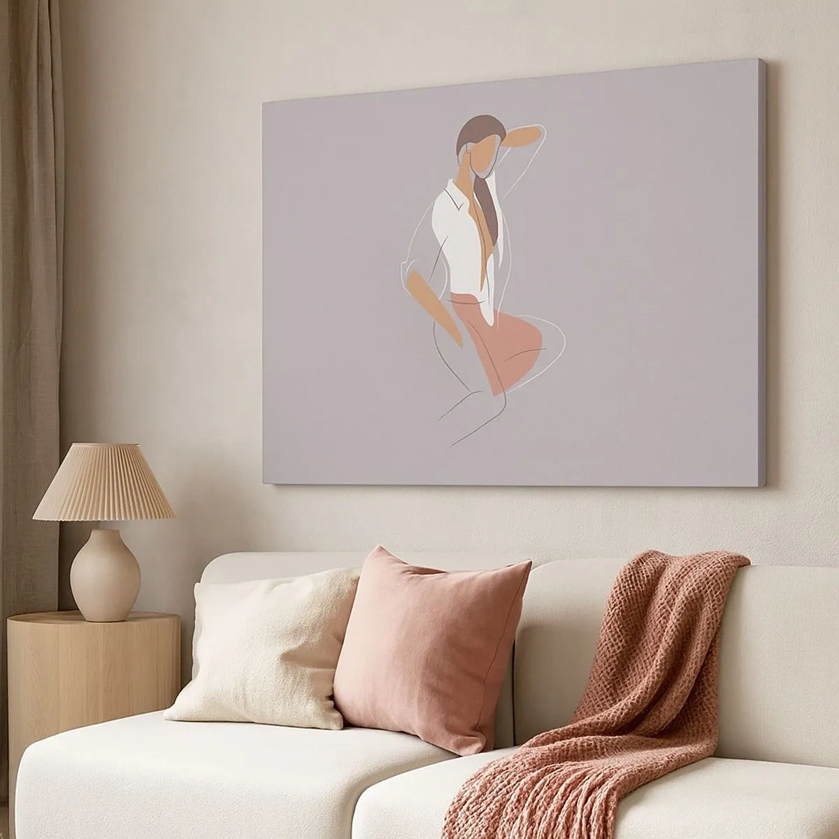 Bild auf Leinwand - Leinwandbild - Ein minimalistisches Frauenporträt in Pastellfarben. - 70x50cm - Umriss der Anmut - Moderne Wanddekoration für Wohnzimmer und Schlafzimmer ARTTOR