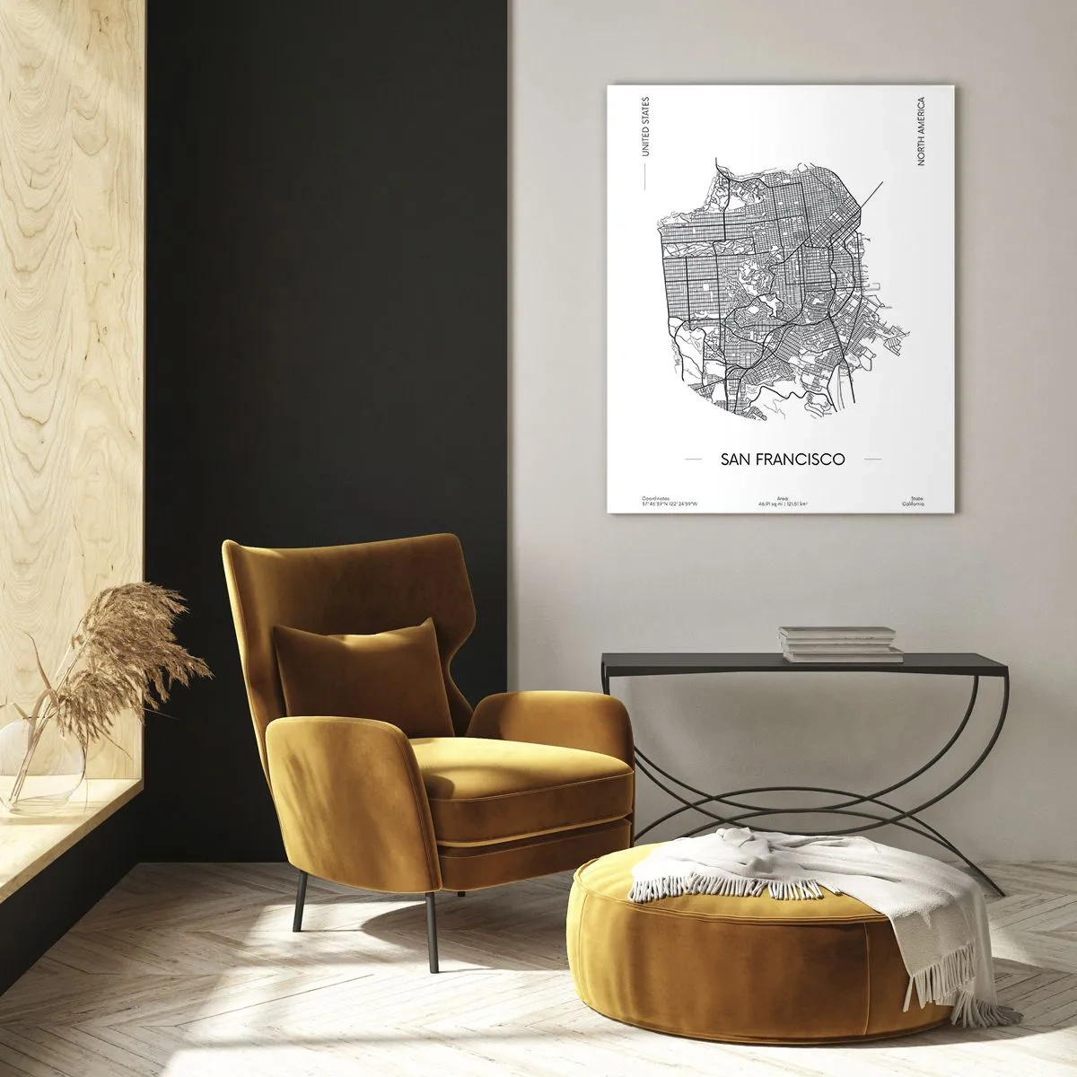 Glasbild - Bild auf glas - Ein minimalistischer Straßenplan von San Francisco - 50x70cm - Anatomie von San Francisco - Moderne Wanddekoration für Wohnzimmer und Schlafzimmer ARTTOR