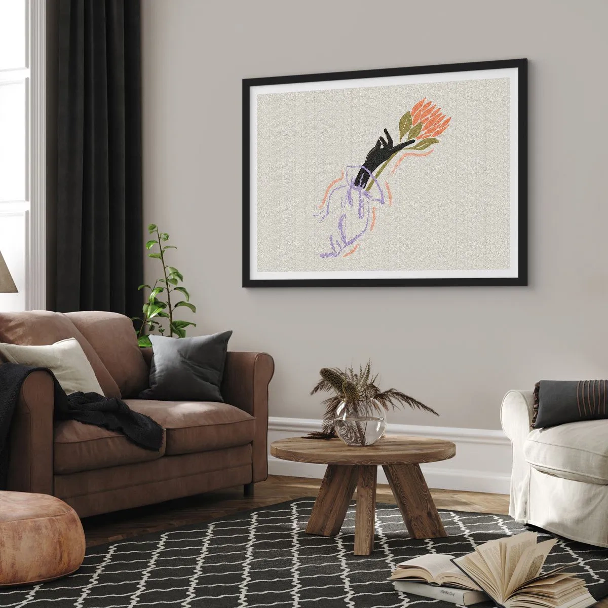 Poster in einem schwarzem Rahmen - Ein minimalistischer Blumenstrauß im zarten Stil - 100x70cm - Schwesterliche Berührung - Moderne Wanddekoration für Wohnzimmer und Schlafzimmer ARTTOR