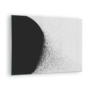 Glasbild - Bild auf glas - Abstraktion einer schwarzen Masse, die auf weißem Hintergrund auseinanderfällt - 70x50cm - Bewegung von Molekülen - Moderne Wanddekoration für Wohnzimmer und Schlafzimmer ARTTOR