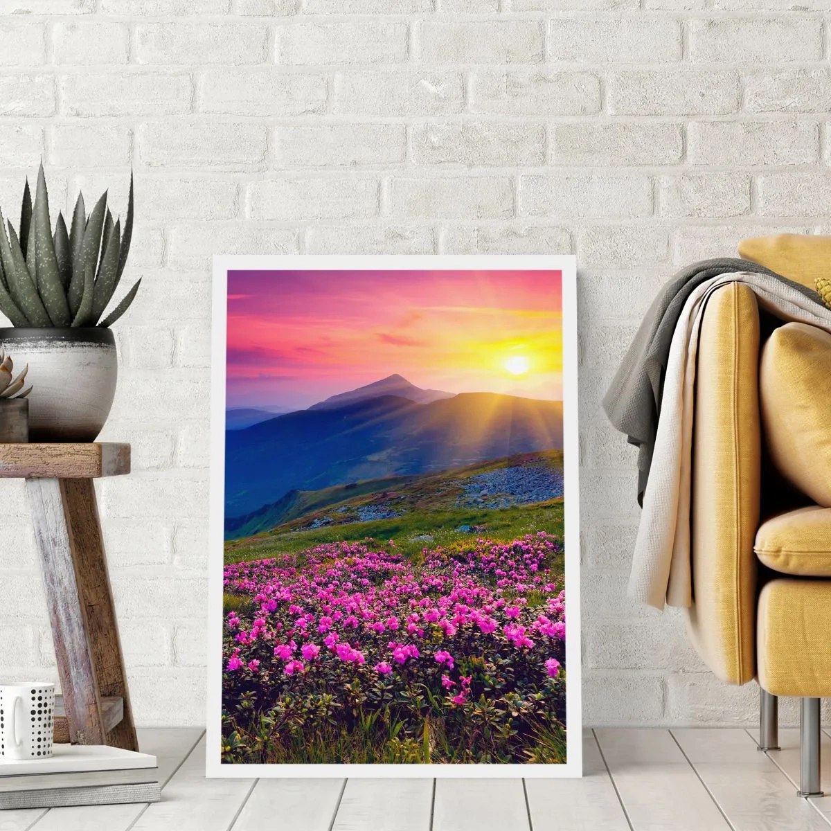 Poster - Bergpanorama mit blühenden Rhododendren und Sonnenuntergang - 50x70cm - … Und drumherum duftet es nach Latschenkiefer und dem Duft von Kräutern - Moderne Wanddekoration für Wohnzimmer und Schlafzimmer ARTTOR