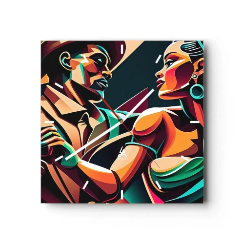 Wanduhr - Glasuhr - Ein stilisiertes Paar, das in leuchtenden, geometrischen Farben tanzt. - 30x30cm - Im Rhythmus des Herzens - Moderne Wanddekoration für Wohnzimmer und Schlafzimmer ARTTOR