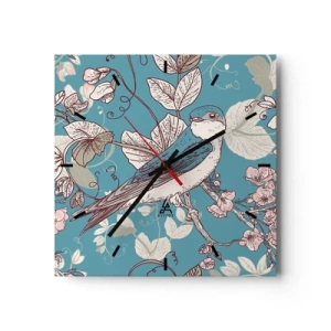 Wanduhr - Glasuhr - Ein Vogel auf einem Ast in einem zarten Blumenstil - 30x30cm - Im Weißholz von Rot und Silber - Moderne Wanddekoration für Wohnzimmer und Schlafzimmer ARTTOR