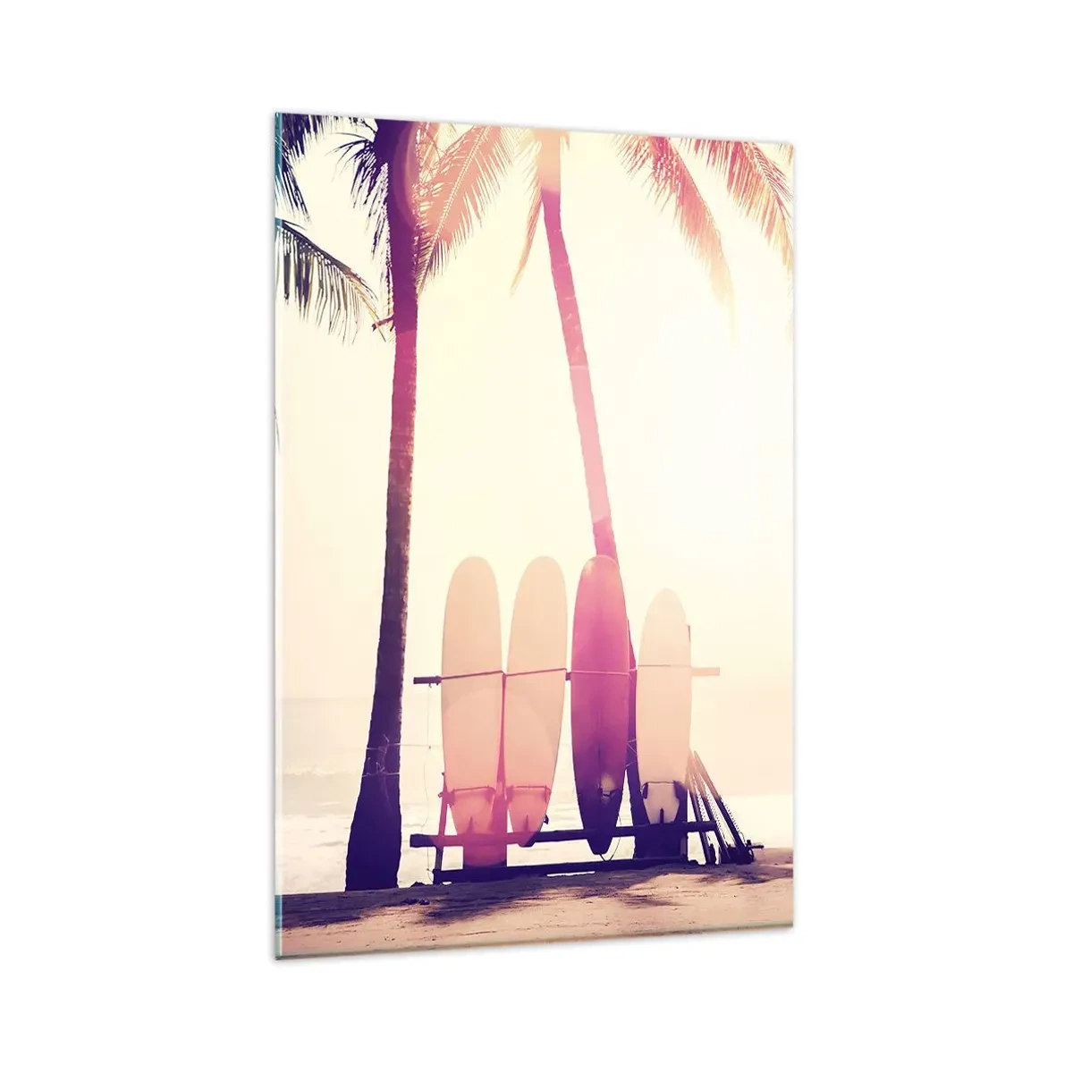 Glasbild - Bild auf glas - Palmen und Surfbretter am Strand im Sonnenschein - 80x120cm - Es wird ein toller Tag - Moderne Wanddekoration für Wohnzimmer und Schlafzimmer ARTTOR