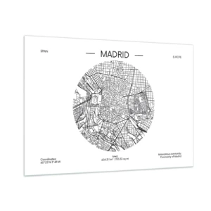 Glasbild - Bild auf glas - Eine minimalistische schwarz-weiße Karte von Madrid in kreisförmiger Form. - 100x70cm - Anatomie von Madrid - Moderne Wanddekoration für Wohnzimmer und Schlafzimmer ARTTOR