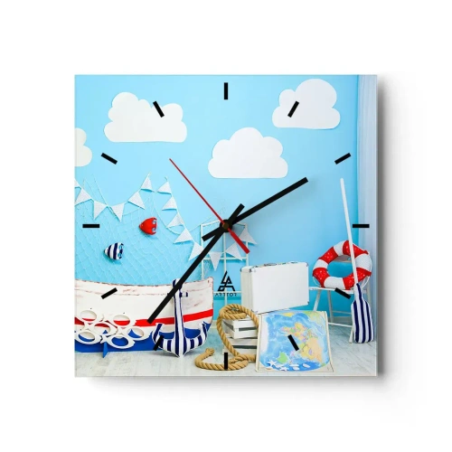 Wanduhr - Glasuhr - Nautische Dekoration mit einem Boot und Zubehör auf blauem Hintergrund - 30x30cm - Die Sehnsucht eines Kindes nach Abenteuer - Moderne Wanddekoration für Wohnzimmer und Schlafzimmer ARTTOR