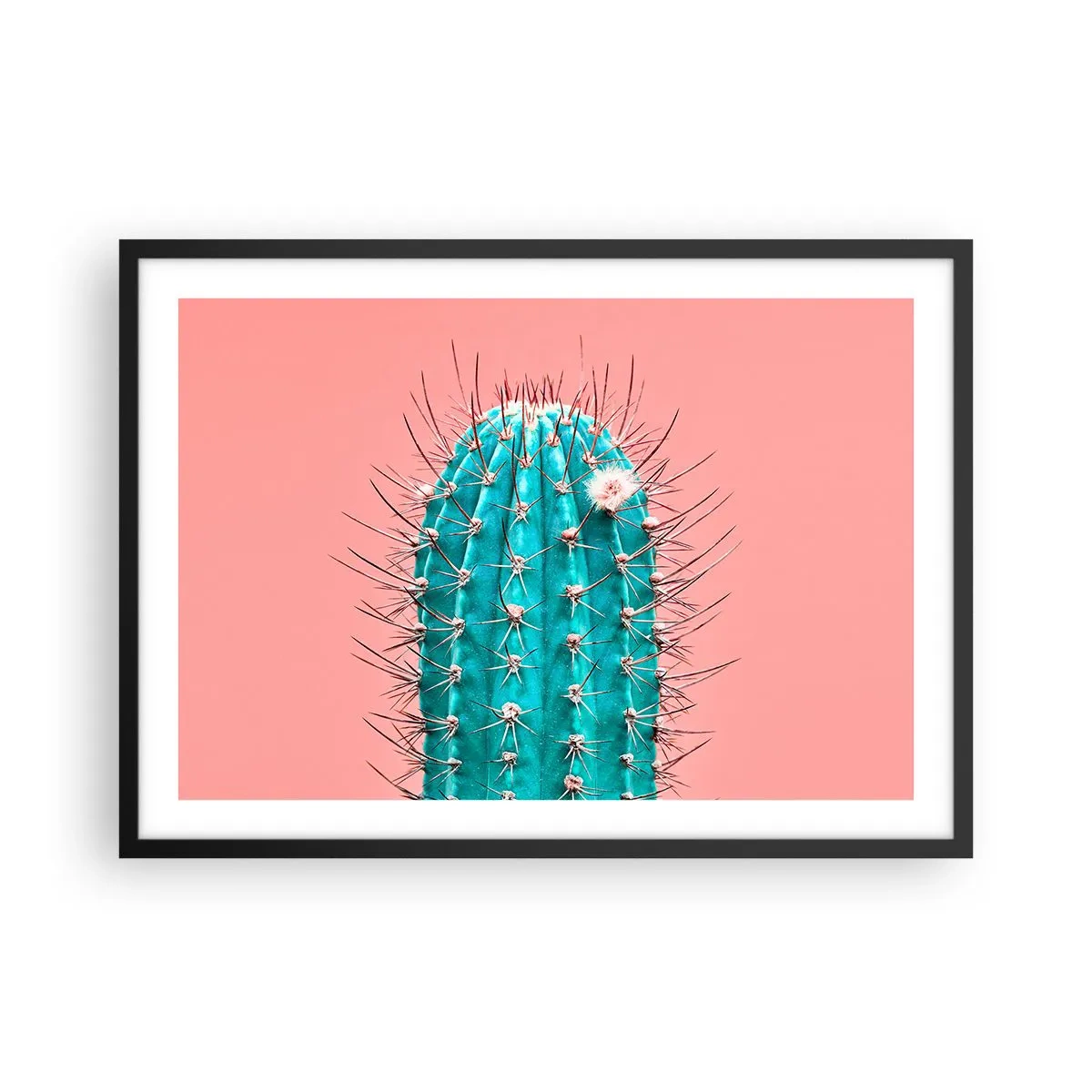 Poster in einem schwarzem Rahmen - Eine künstlerische Interpretation eines Kaktus auf rosa Hintergrund - 70x50cm - Schau einfach hin - Moderne Wanddekoration für Wohnzimmer und Schlafzimmer ARTTOR