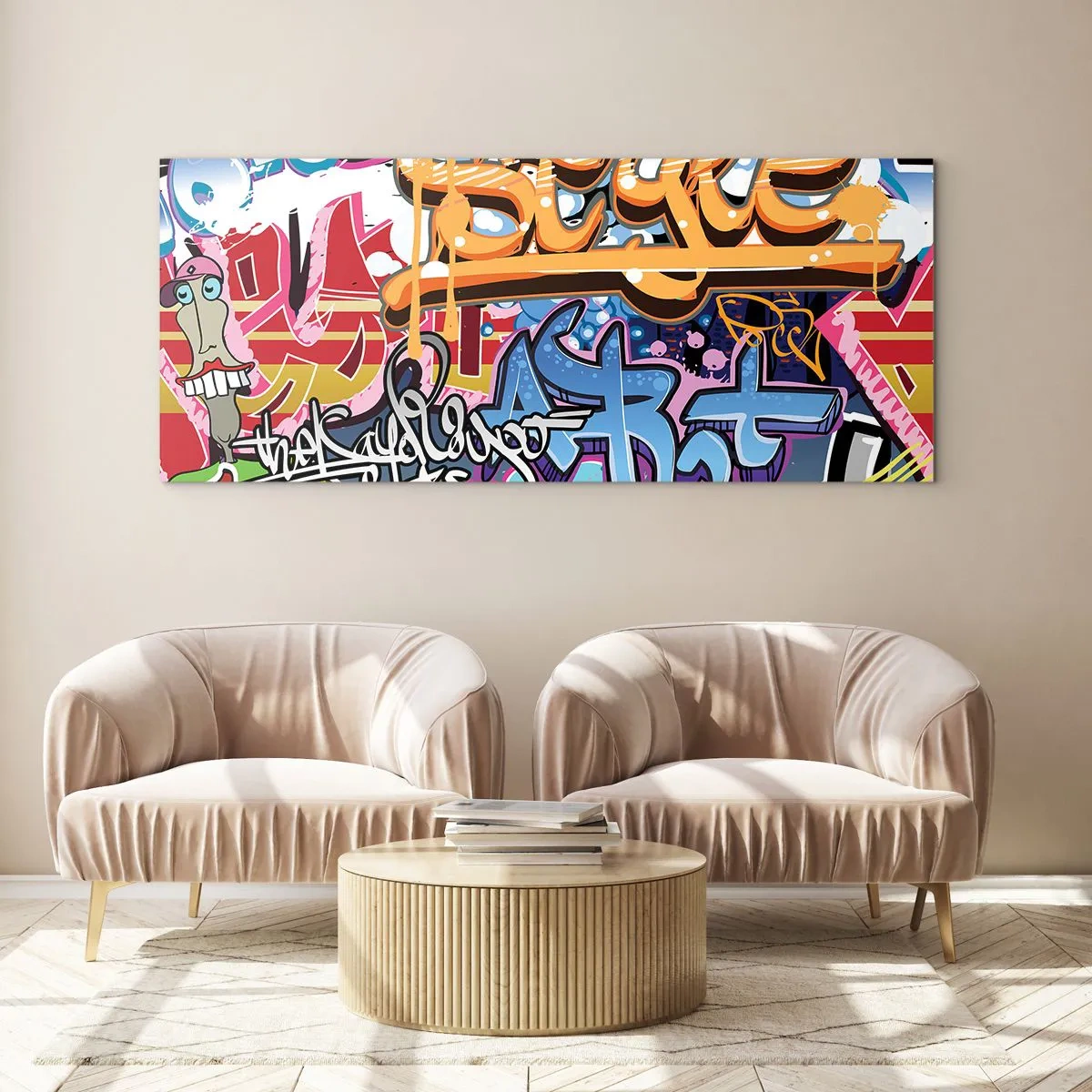 Glasbild - Bild auf glas - Bunte Graffiti mit dynamischen Aufschriften und Illustrationen - 140x50cm - Wandbilder, Wandbilder, Wandbilder ... - Moderne Wanddekoration für Wohnzimmer und Schlafzimmer ARTTOR