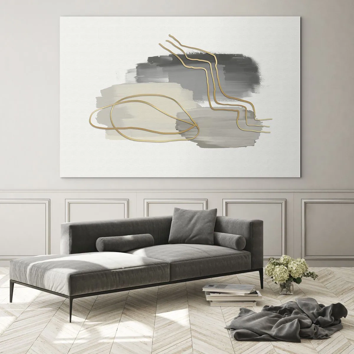 Glasbild - Bild auf glas - Abstraktion mit grauen Flecken und goldenen Linien auf hellem Hintergrund - 70x50cm - Dauer und Bewegung - Moderne Wanddekoration für Wohnzimmer und Schlafzimmer ARTTOR