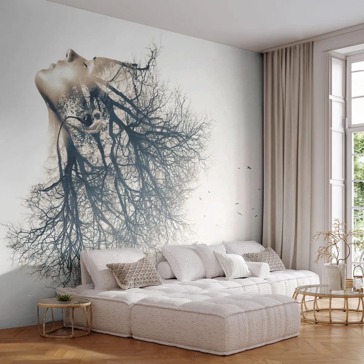 Fototapete Premium Canvas - Dem Rauschen der Bäume lauschen - Abstraktion, Das Gesicht einer Frau, Baum - 250x175 cm