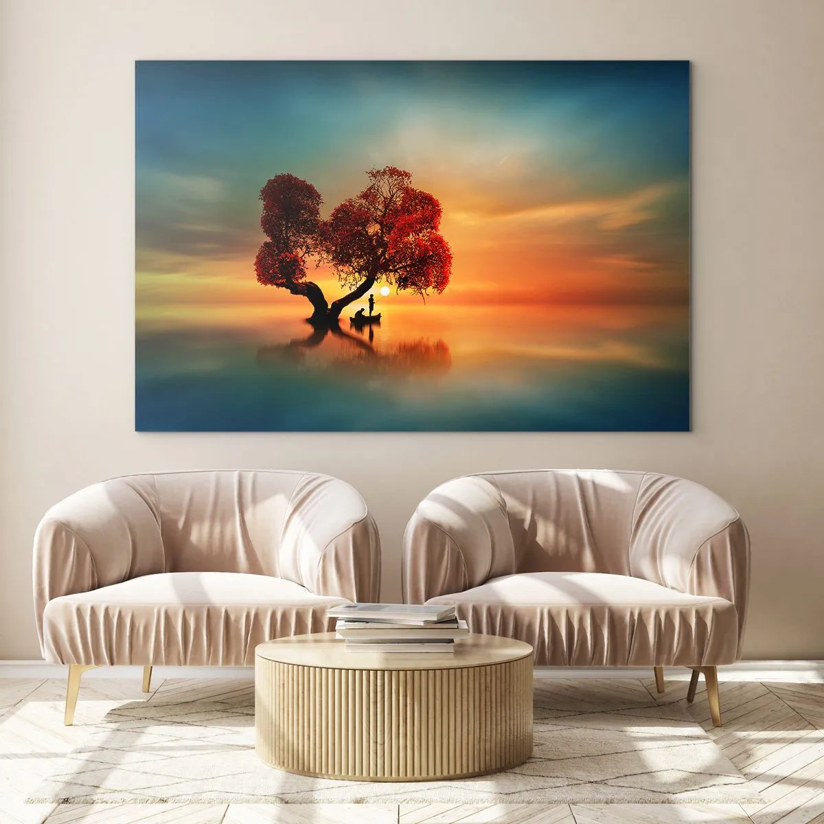 Glasbild - Bild auf glas - Ein Baum mit roten Blättern vor dem Hintergrund des Sonnenuntergangs - 100x70cm - Oddaysons und die Stille der Weltlosen - Moderne Wanddekoration für Wohnzimmer und Schlafzimmer ARTTOR