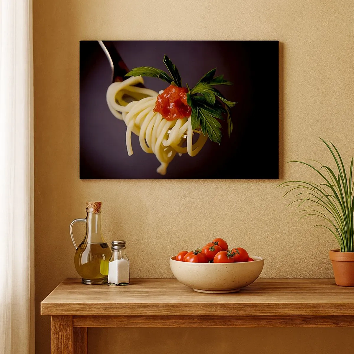 Bild auf Leinwand - Leinwandbild - Spaghetti auf einer Gabel mit Tomatensauce und Petersilie - 70x50cm - Ein leckerer Bissen - Moderne Wanddekoration für Wohnzimmer und Schlafzimmer ARTTOR