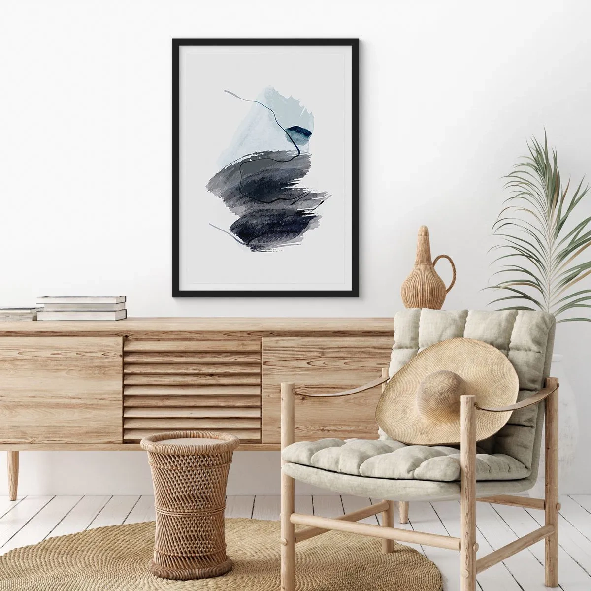 Poster in einem schwarzem Rahmen - Abstrakte Pinselstriche in Grautönen - 50x70cm - Intensität und Bewegung - Moderne Wanddekoration für Wohnzimmer und Schlafzimmer ARTTOR