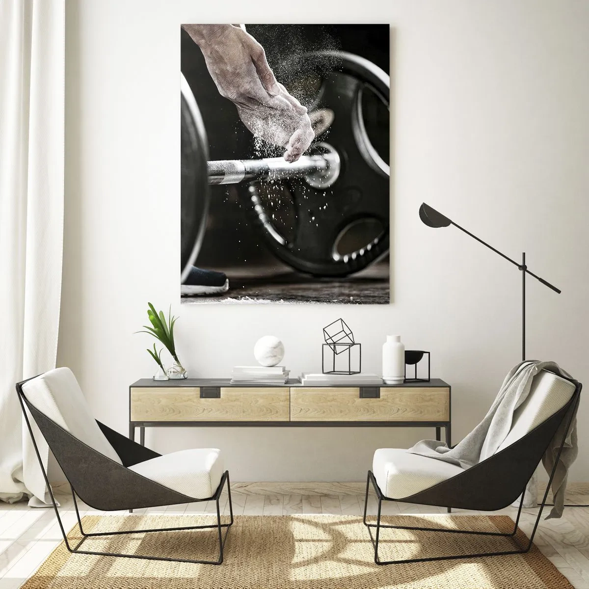 Glasbild - Bild auf glas - Hanteln und die Hände eines Sportlers bereiten sich auf das Training vor - 80x120cm - Herausforderung angenommen! - Moderne Wanddekoration für Wohnzimmer und Schlafzimmer ARTTOR