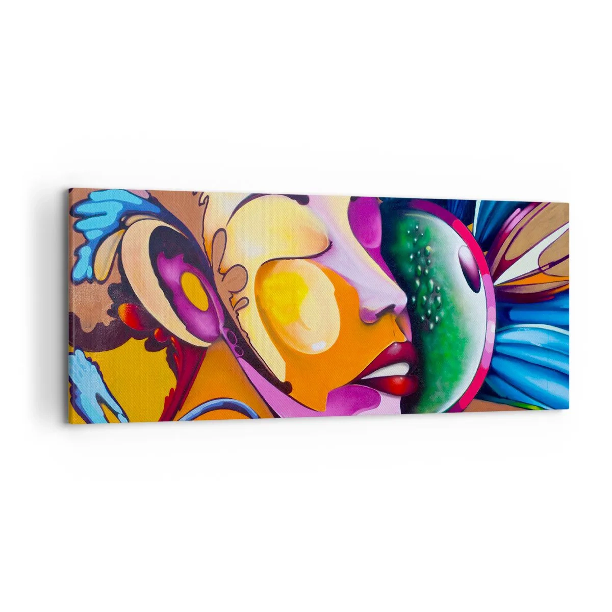 Bild auf Leinwand - Leinwandbild - Eine farbenfrohe Abstraktion mit einem Gesichtsmotiv in einer dynamischen Komposition - 120x50cm - Mit Farbe berühren - Moderne Wanddekoration für Wohnzimmer und Schlafzimmer ARTTOR