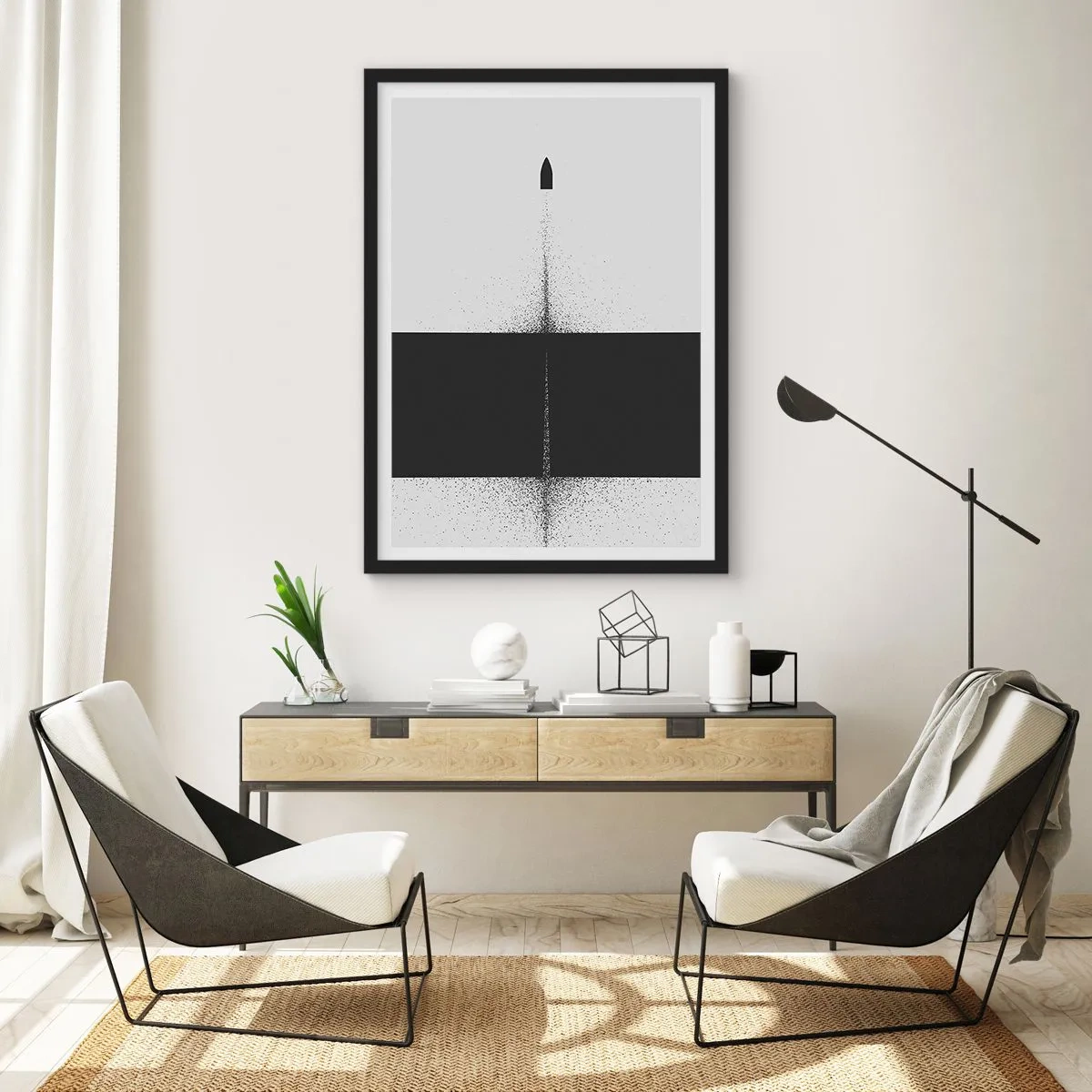 Poster in einem schwarzem Rahmen - Minimalistische Abstraktion mit einer Rakete auf gespaltenem Hintergrund - 50x70cm - Direkt zum Ziel - Moderne Wanddekoration für Wohnzimmer und Schlafzimmer ARTTOR
