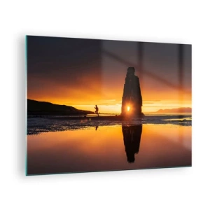 Glasbild - Bild auf glas - Sonnenuntergang mit einer menschlichen Silhouette und einer Felsformation - 70x50cm - Nur du und die Natur - Moderne Wanddekoration für Wohnzimmer und Schlafzimmer ARTTOR