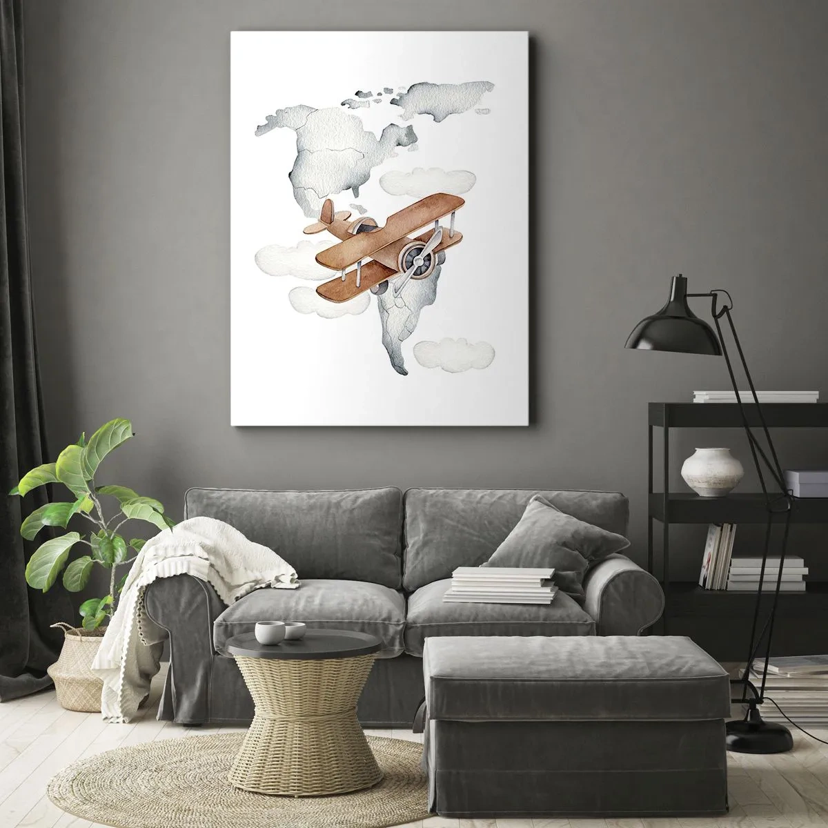 Bild auf Leinwand - Leinwandbild - Illustration einer Weltkarte mit Flugzeugen - 50x70cm - Im Pioniergeist - Moderne Wanddekoration für Wohnzimmer und Schlafzimmer ARTTOR