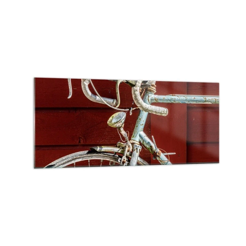Glasbild - Bild auf glas - Ein Vintage-Fahrrad vor einer roten Holzwand - 120x50cm - Geschaffen um zu siegen - Moderne Wanddekoration für Wohnzimmer und Schlafzimmer ARTTOR