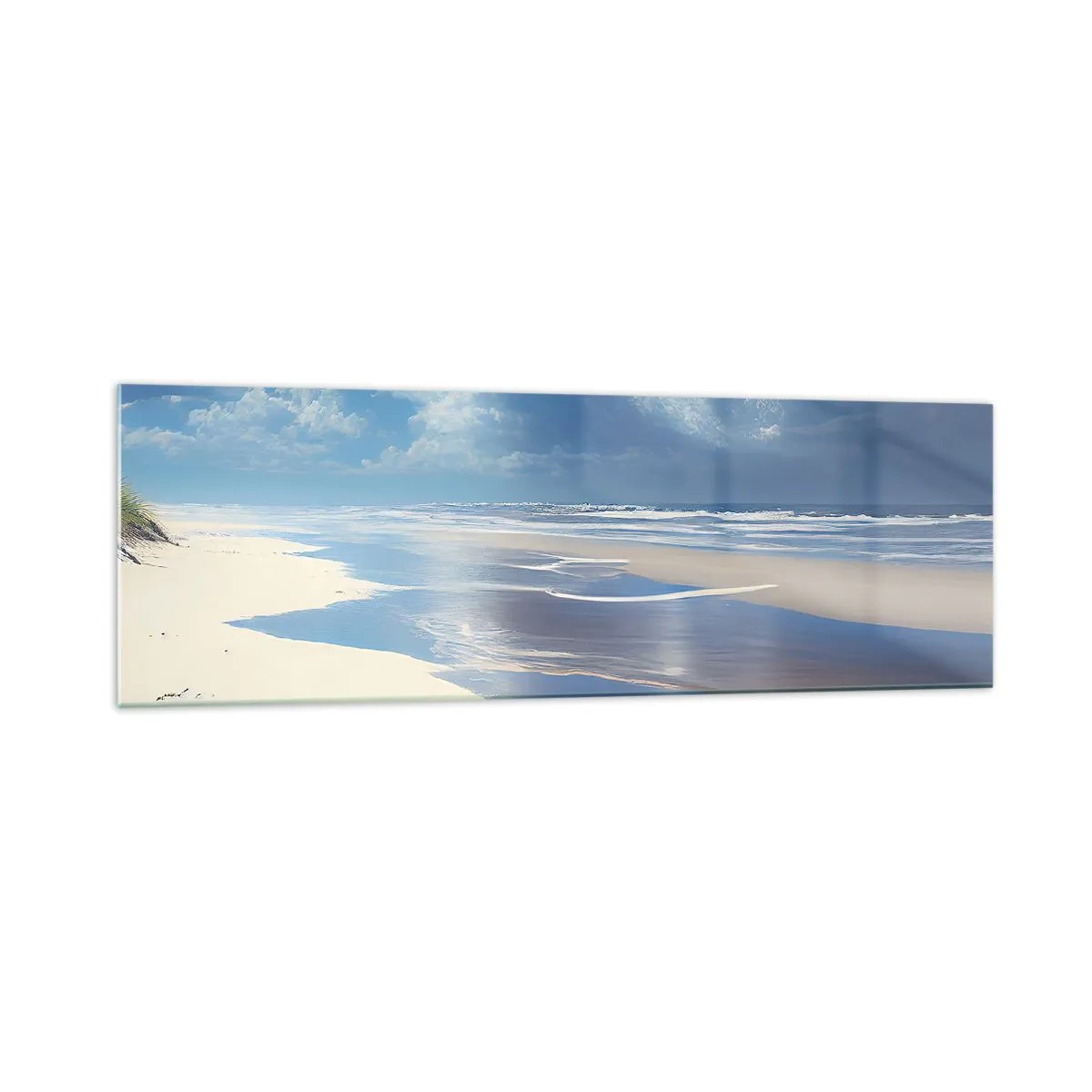 Glasbild - Bild auf glas - Ein Sandstrand mit Wellen unter blauem Himmel - 160x50cm - Paradiesischer Urlaub - Moderne Wanddekoration für Wohnzimmer und Schlafzimmer ARTTOR