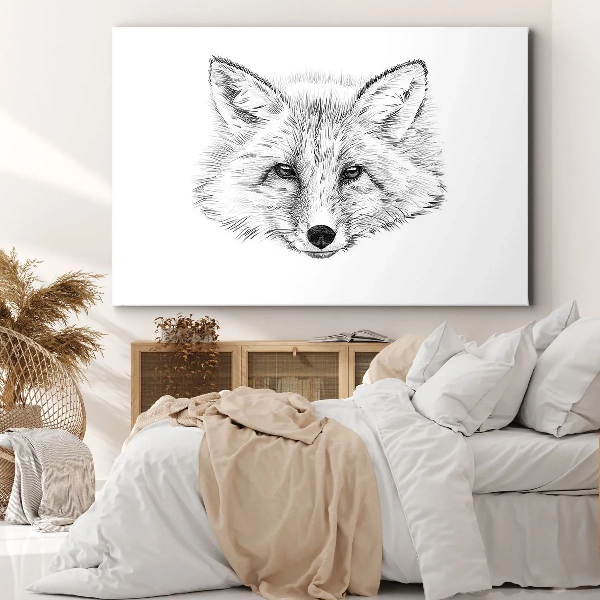 Bild auf Leinwand - Leinwandbild - Schwarz-weiße Zeichnung eines Fuchskopfes auf weißem Hintergrund - 70x50cm - Können diese Augen lügen? - Moderne Wanddekoration für Wohnzimmer und Schlafzimmer ARTTOR