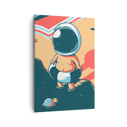 Bild auf Leinwand - Leinwandbild - Lustiger Astronaut am Strand mit Weltraumelementen im Hintergrund - 70x100cm - Aus einer anderen Perspektive - Moderne Wanddekoration für Wohnzimmer und Schlafzimmer ARTTOR