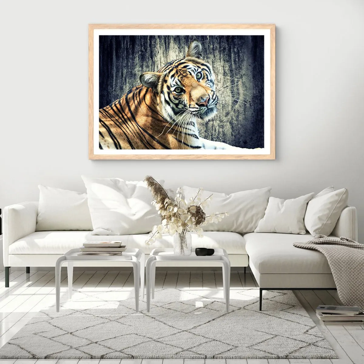 Poster in einem Rahmen aus heller Eiche - Portrait in Lichtstrahlen - 40x30 cm