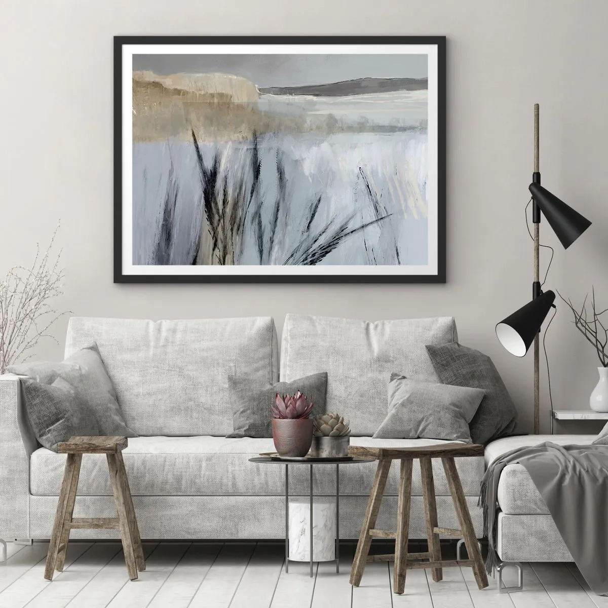 Poster in einem schwarzem Rahmen - Eine malerische Winterlandschaft mit Feldern und Gräsern - 100x70cm - Winterfelder - Moderne Wanddekoration für Wohnzimmer und Schlafzimmer ARTTOR