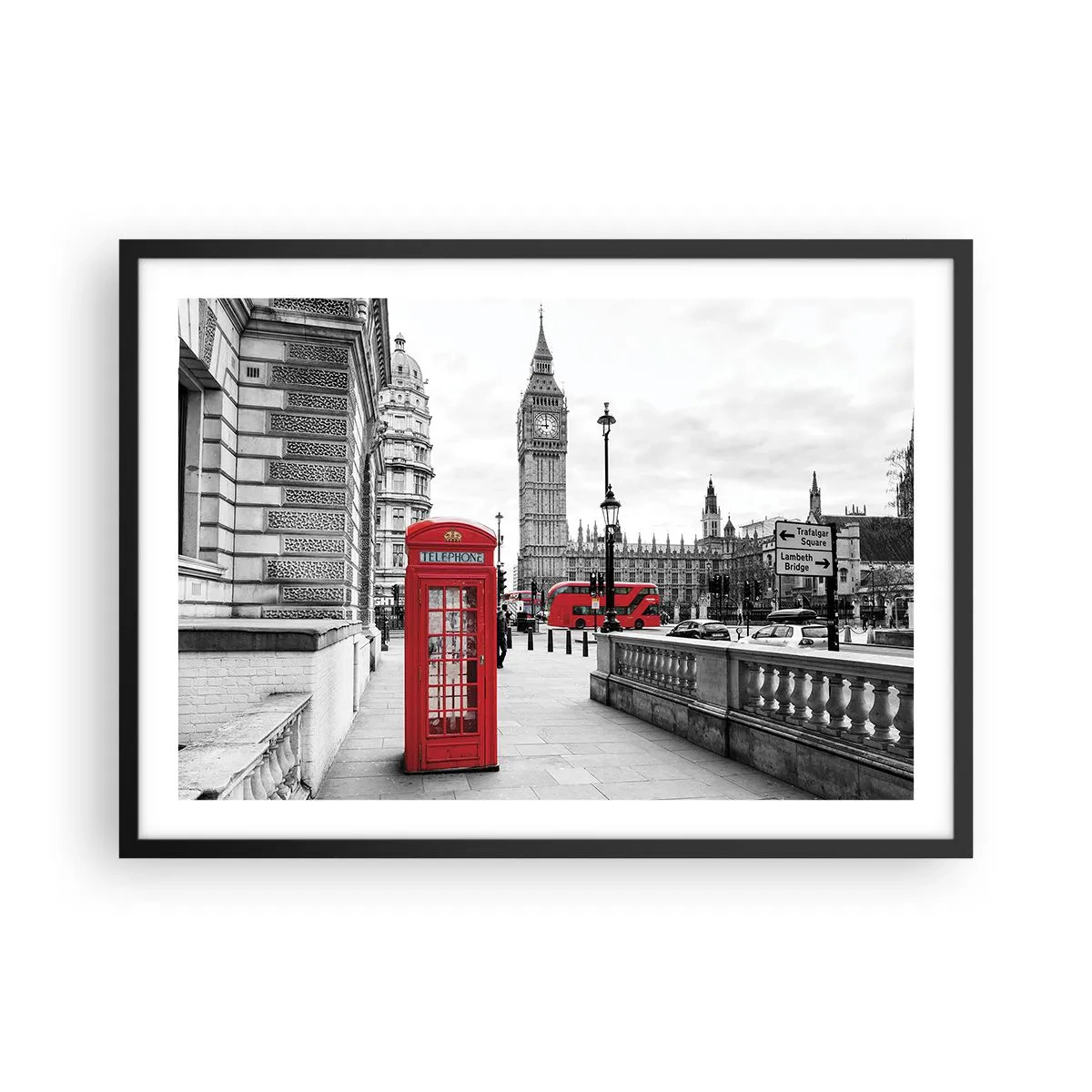 Poster in einem schwarzem Rahmen - Eine rote Telefonzelle mit Big Ben im Hintergrund in London - 70x50cm - London, ohne Zweifel - Moderne Wanddekoration für Wohnzimmer und Schlafzimmer ARTTOR