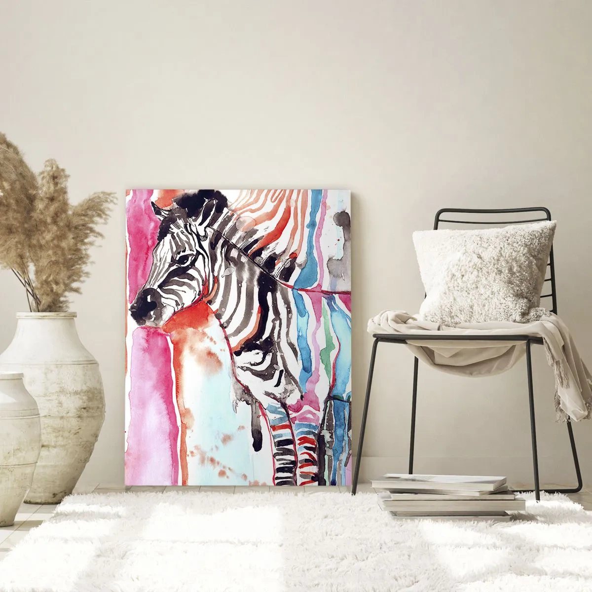 Glasbild - Bild auf glas - Ein buntes Zebra vor einem Hintergrund aus abstrakten Aquarellmustern - 70x100cm - Unbeschwerter Witz der Natur - Moderne Wanddekoration für Wohnzimmer und Schlafzimmer ARTTOR