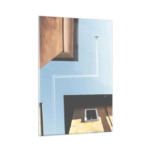 Glasbild - Bild auf glas - Blick auf das Flugzeug und seine Spur am Himmel aus der Straßenperspektive - 80x120cm - Über dem Stadtlabyrinth - Moderne Wanddekoration für Wohnzimmer und Schlafzimmer ARTTOR