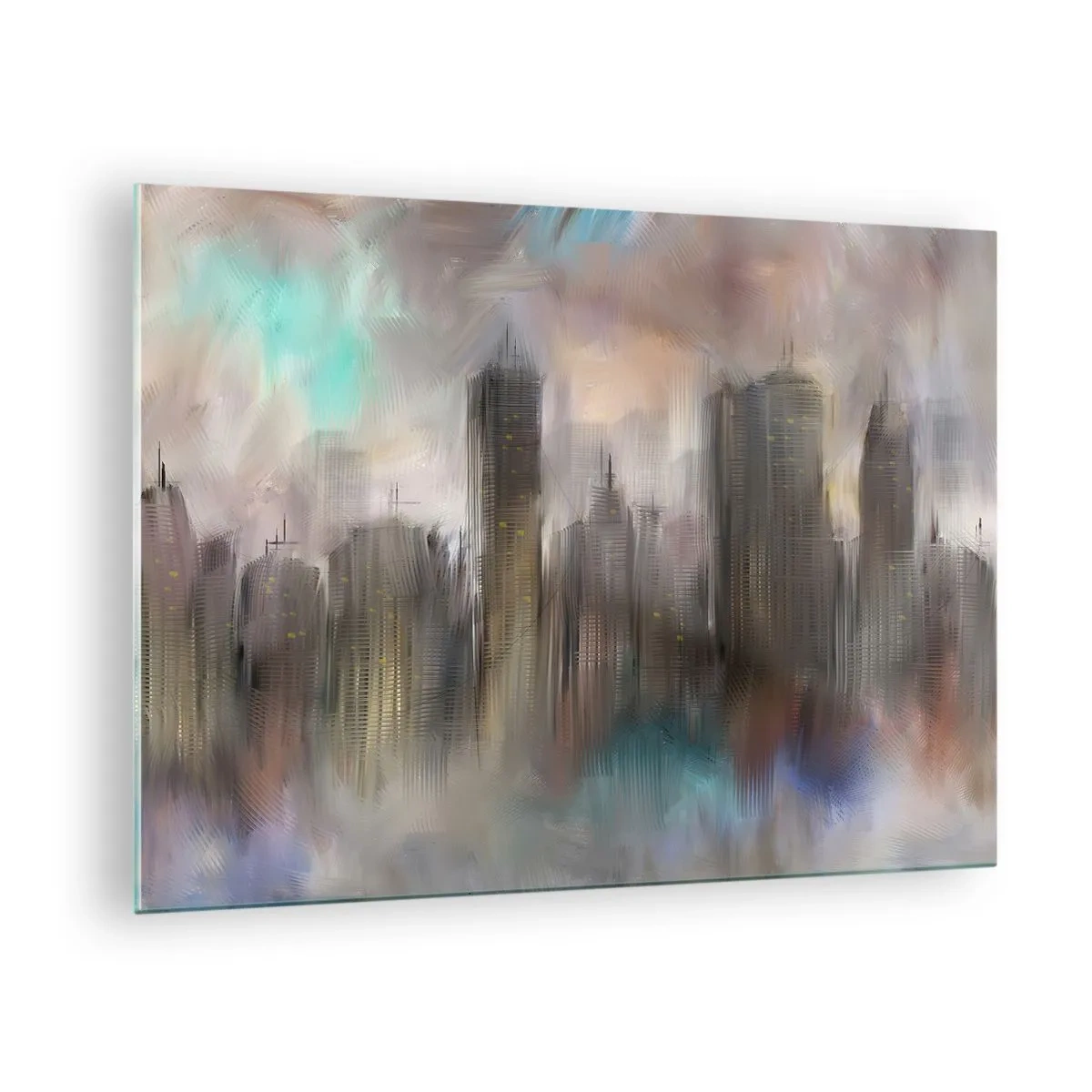 Glasbild - Bild auf glas - Abstraktes Bild einer Stadt mit Wolkenkratzern - 70x50cm - Eine Komposition aus Stahl, Stein und Nebel - Moderne Wanddekoration für Wohnzimmer und Schlafzimmer ARTTOR