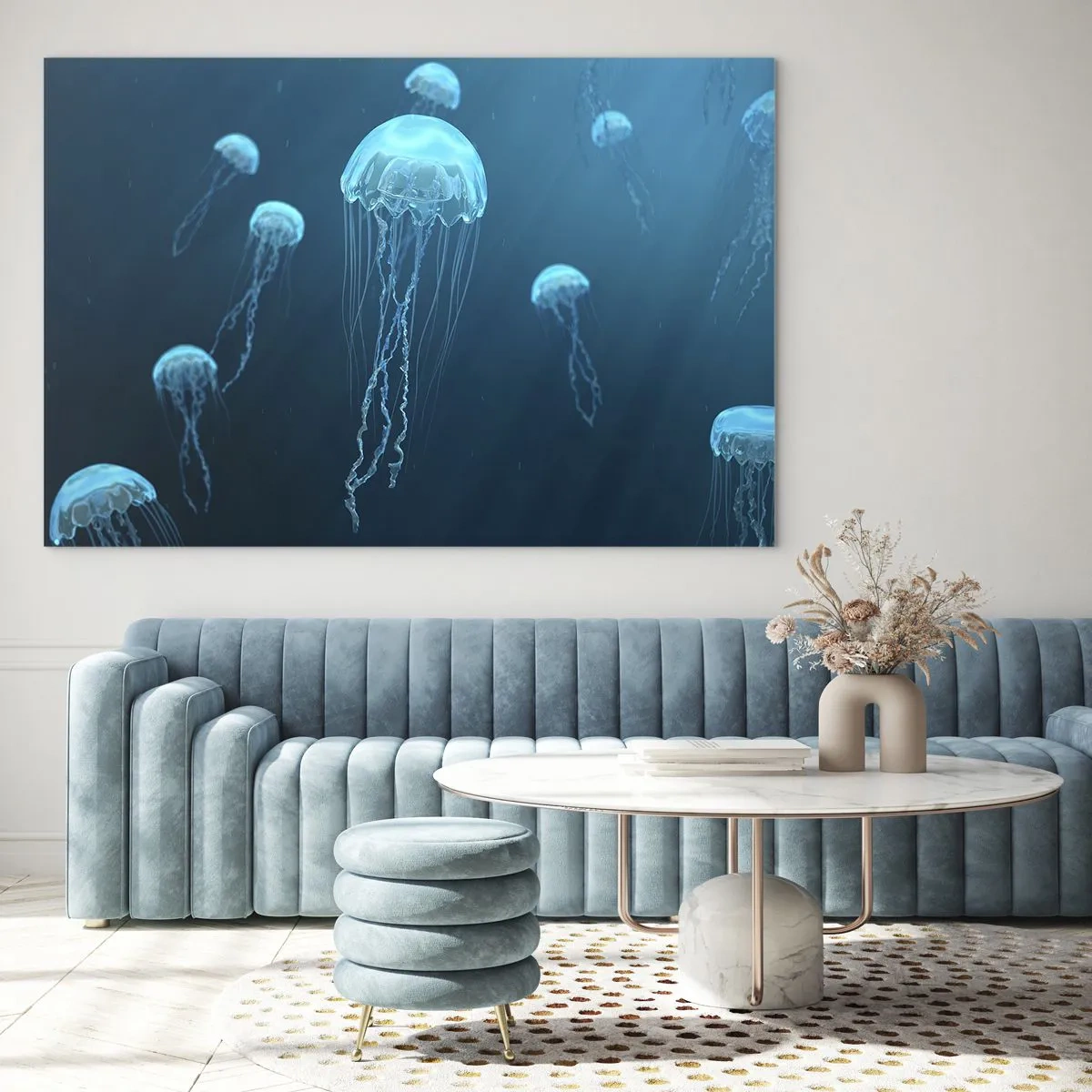 Glasbild - Bild auf glas - Quallen schwimmen im tiefblauen Ozean - 100x70cm - Ozeantanz - Moderne Wanddekoration für Wohnzimmer und Schlafzimmer ARTTOR